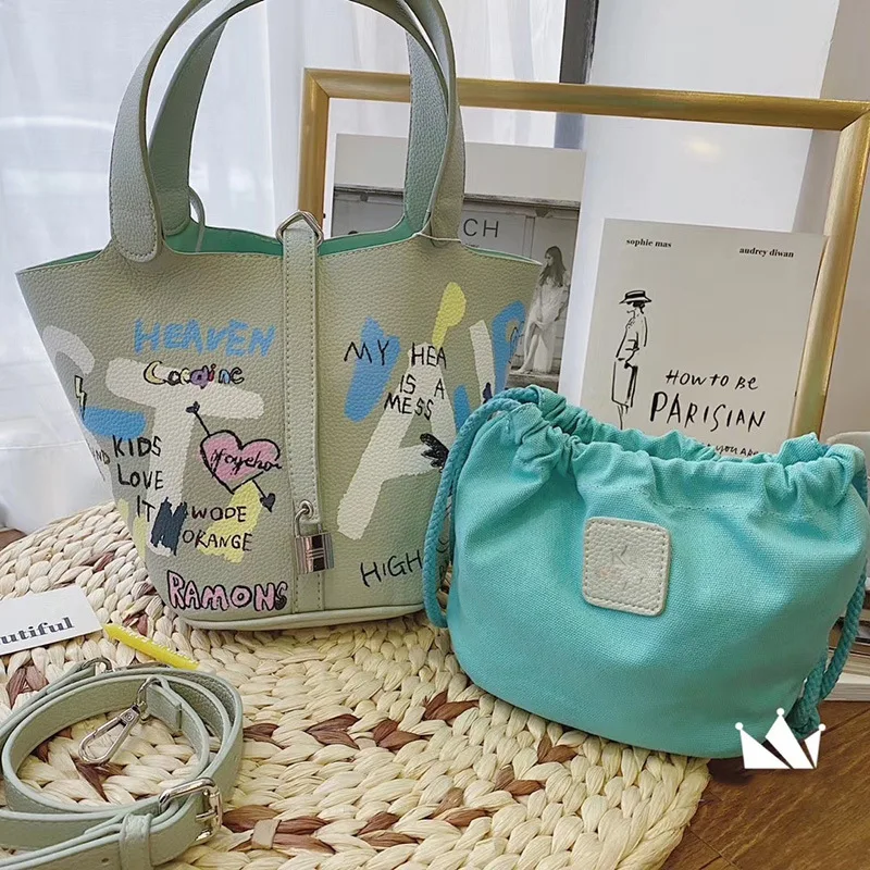 

New 2021 Shoulder Bag Graffiti Cartoon Basket Bucket Bag Large Capacity Korean Handbag