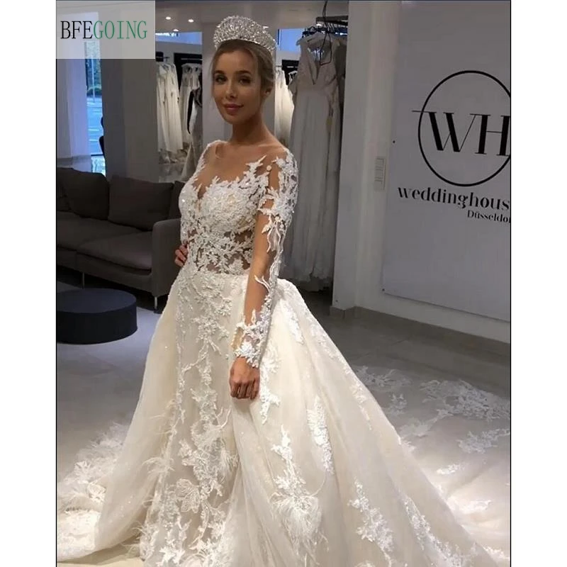 Роскошное белое кружевное свадебное платье длиной до пола с длинными рукавами