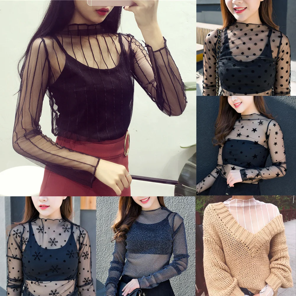Fashion Black Sexy Mesh Sheer Women Long Sleeve See Through Mesh Sheer Party Clubwear Night Shirt Tops Lace Blouse plus guipure lace insert semi sheer blouse