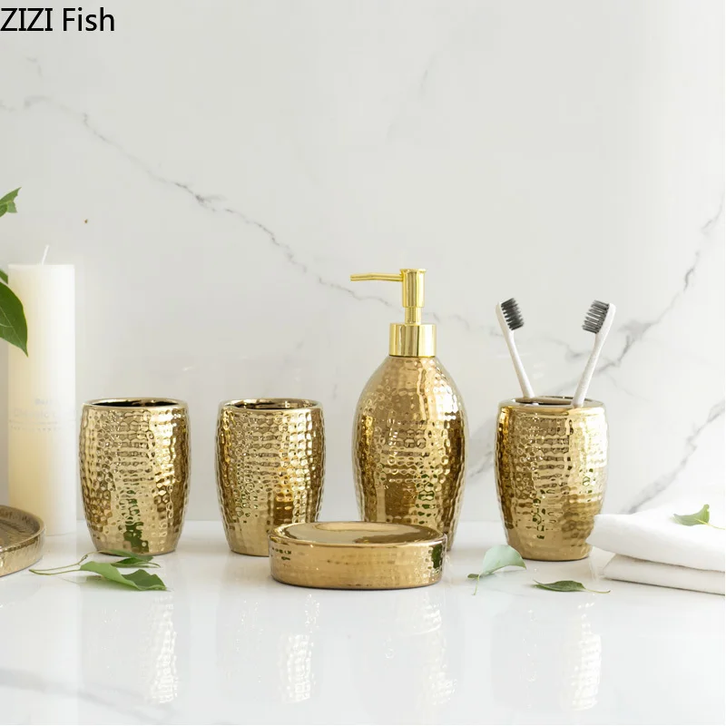Набор для ванной комнаты с золотым рельефом керамическая бутылка геля душа