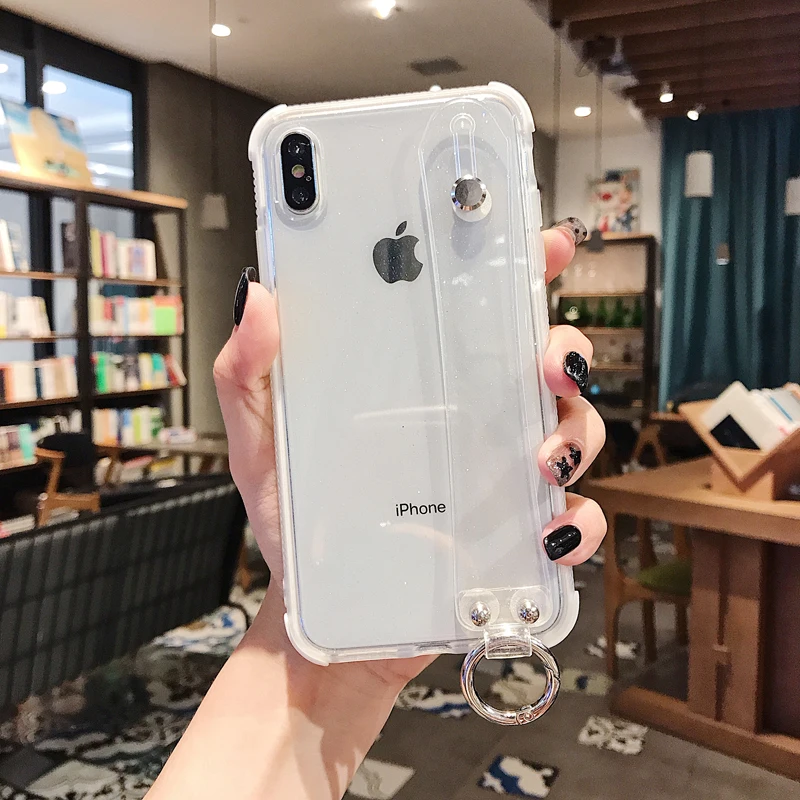 Glitter Powder Holder Phone Case For iPhone 11 X XR XS Max 6 6S 7 8 Plus Transparent Soft TPU Wrist Strap Shockproof Back Cover |