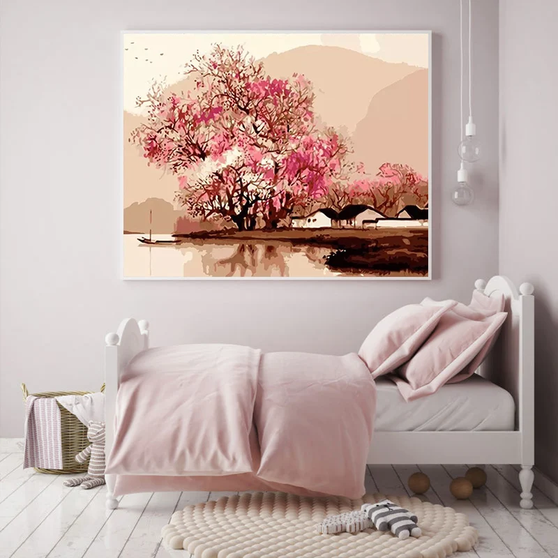 Картина с розовым цветком по номерам уличные леса Риверсайд весенние пейзажи