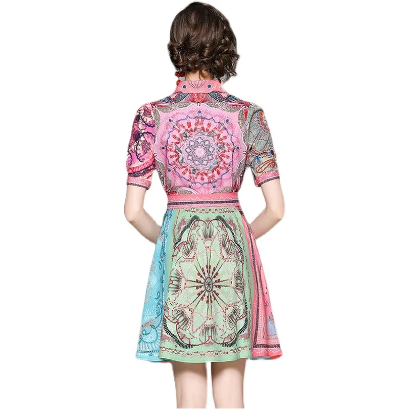 

Summer women's fashion all-match waist waist was thin high-end positioning geometric printing short-sleeved dress with belt