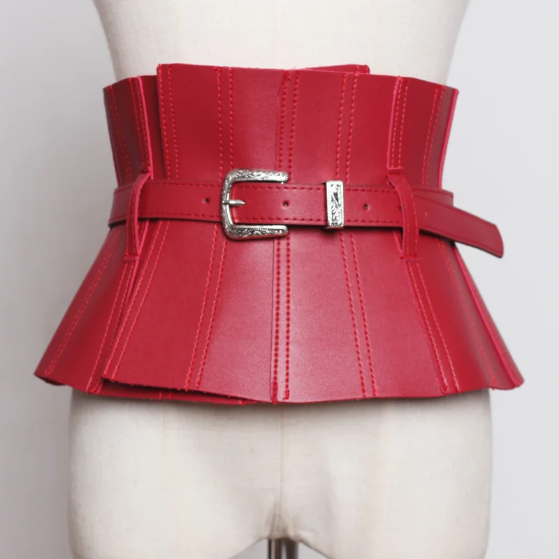 New Fashion Pu Leather Black Ruffles Buckle Split Joint Personality Wide Belt Women Fashion All-match Summer Accessories 2021