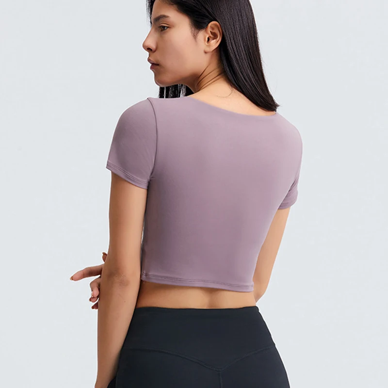 

2021 Sport Shirt Women Push Up Padded Yoag Crop Tops Short Sleeve Running Gym T-shirts Sexy Workout Elastic Hollow Out Pullover