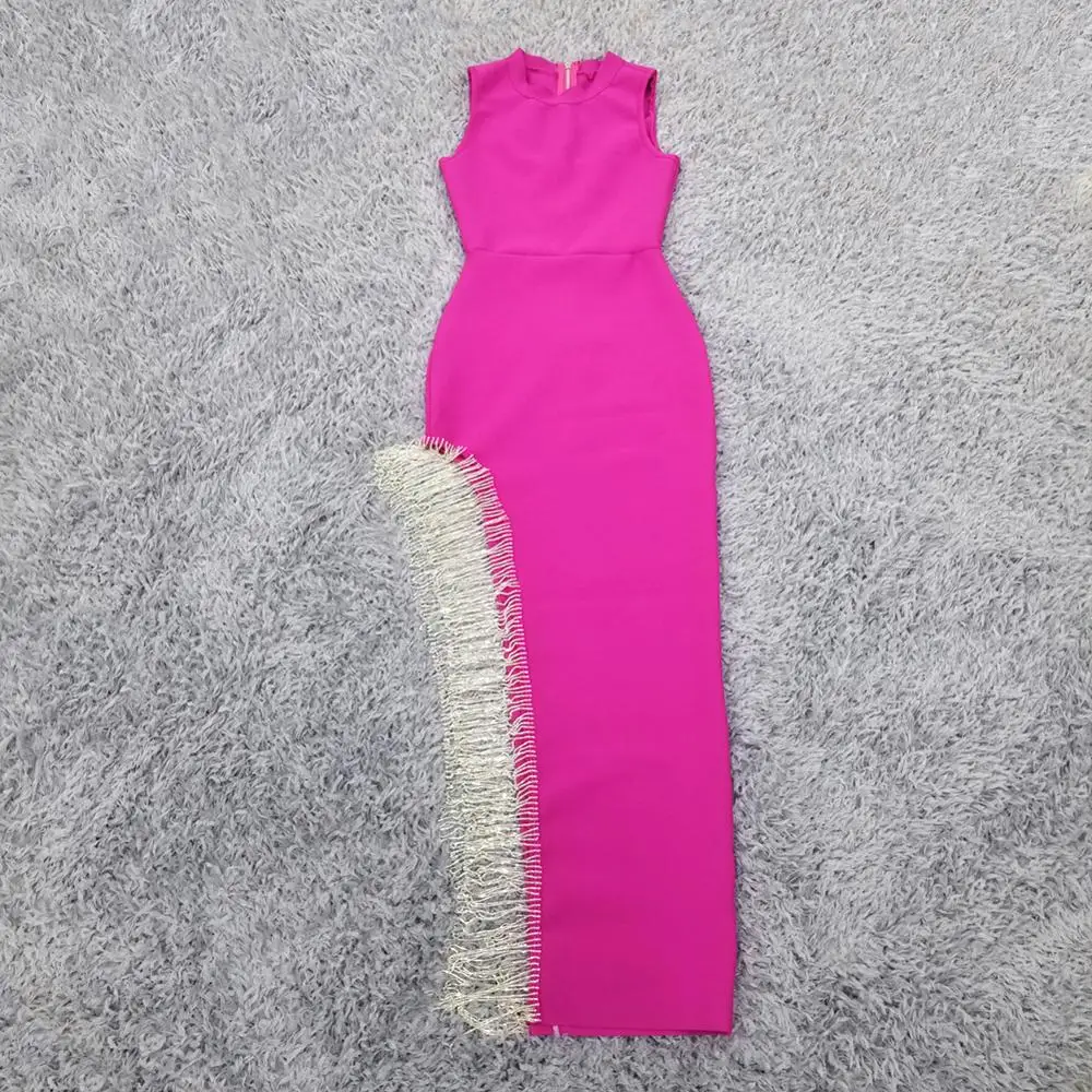 

Halinfer New Fashion Women Sexy Sleeveless O Neck Long Dress Tassel Bodycon Bandage Dress