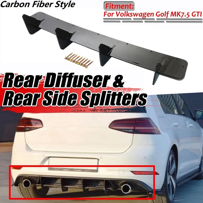 

Rear Bumper Lip Diffuser Valance Spoiler Side Splitter 4 Fins for Golf 7.5 MK 7.5 Carbon Fiber Style
