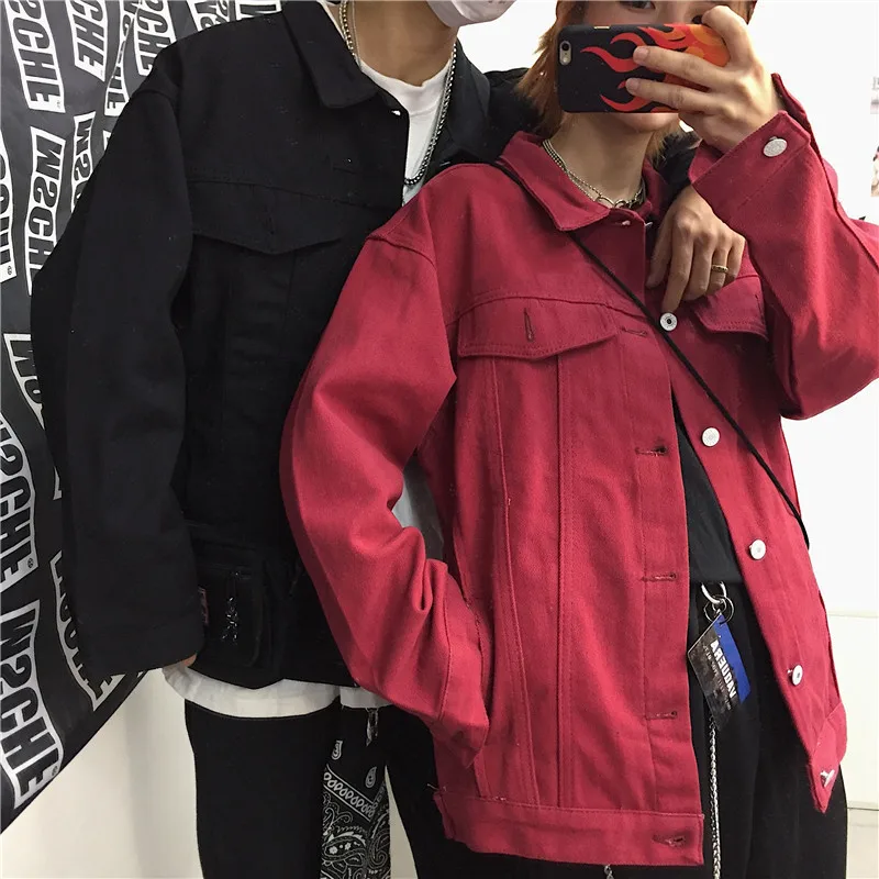 Женское джинсовое пальто винно красного цвета базовая Свободная куртка в