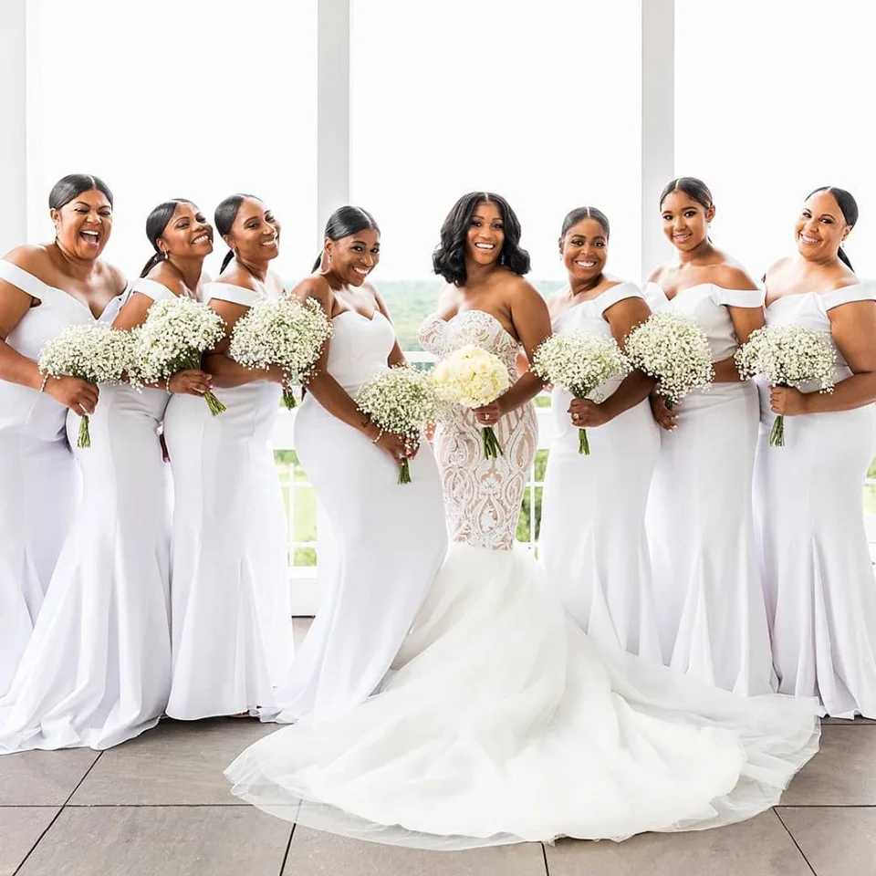 

Sweetheart Sleeveless Bridesmaid Dresses Elastic Satin Formal Dresses Trumpet Mermaid Gown White Dress
