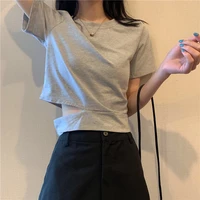 blusas female 2021 casual gray tees tops plus size women short sleeve summer hollow out solid cotton crop top loose t shirts 3xl