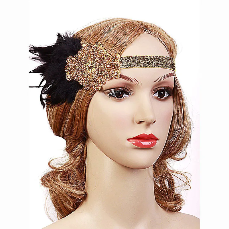 1920s Great Gatsby аксессуар к костюму для вечеринки набор Хлопушка повязка на голову с перьями жемчужное ожерелье перчатки держатель для сигарет браслет 5 шт набор - Цвет: Gold