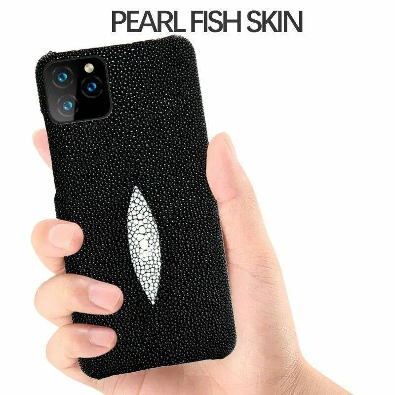 Genuine Real Stingray Leather Case for iPhone 13 Pro Max 12 11 Luxry Pearl Fish Skin Cover