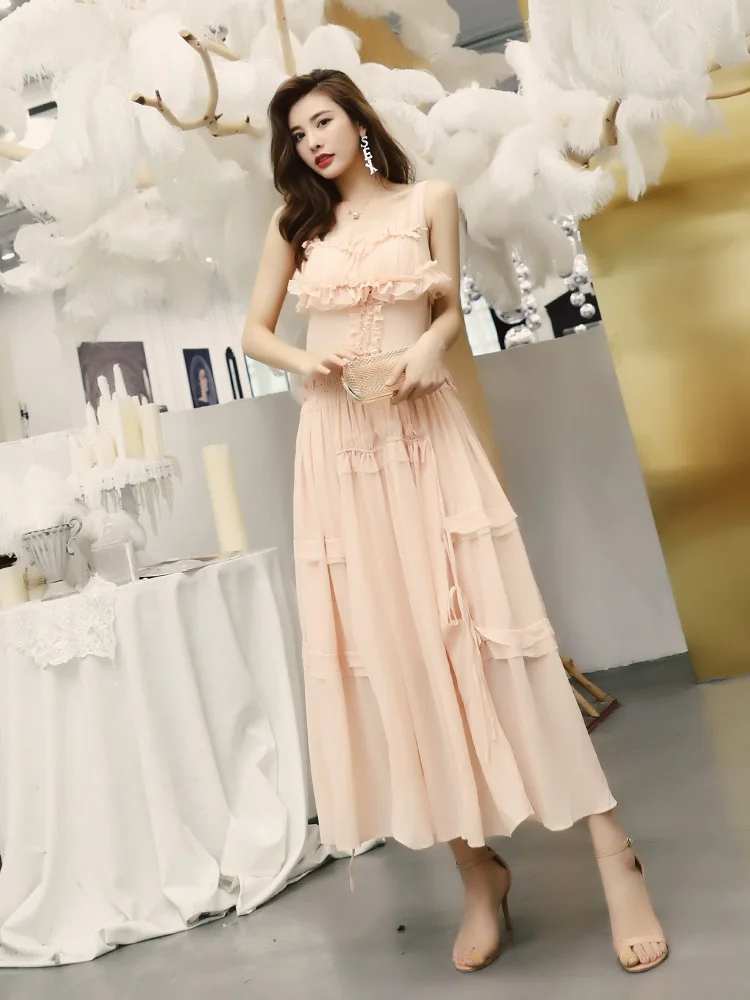

High Quality Chiffon 2020 Summer Sexy Party Women Spaghetti Strap Ruffle Flower Deco Sleeveless Club Long Maxi Dress