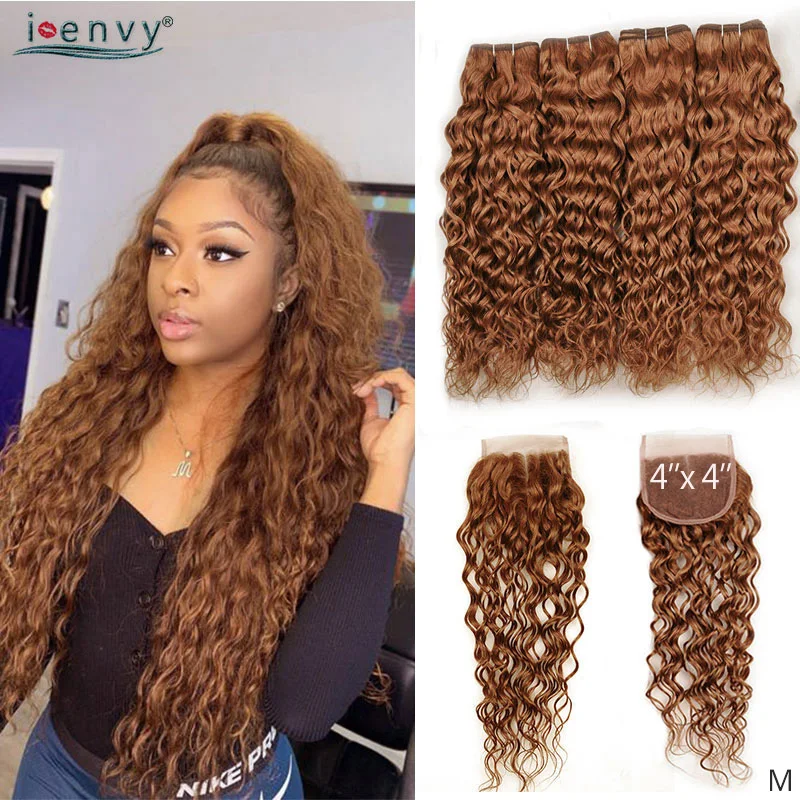 

Blonde Water Wave Bundles With Closure Colored Bundles With Closure Ginger Peruvian Human Hair Bundles With 4*4 Closure Non-Remy