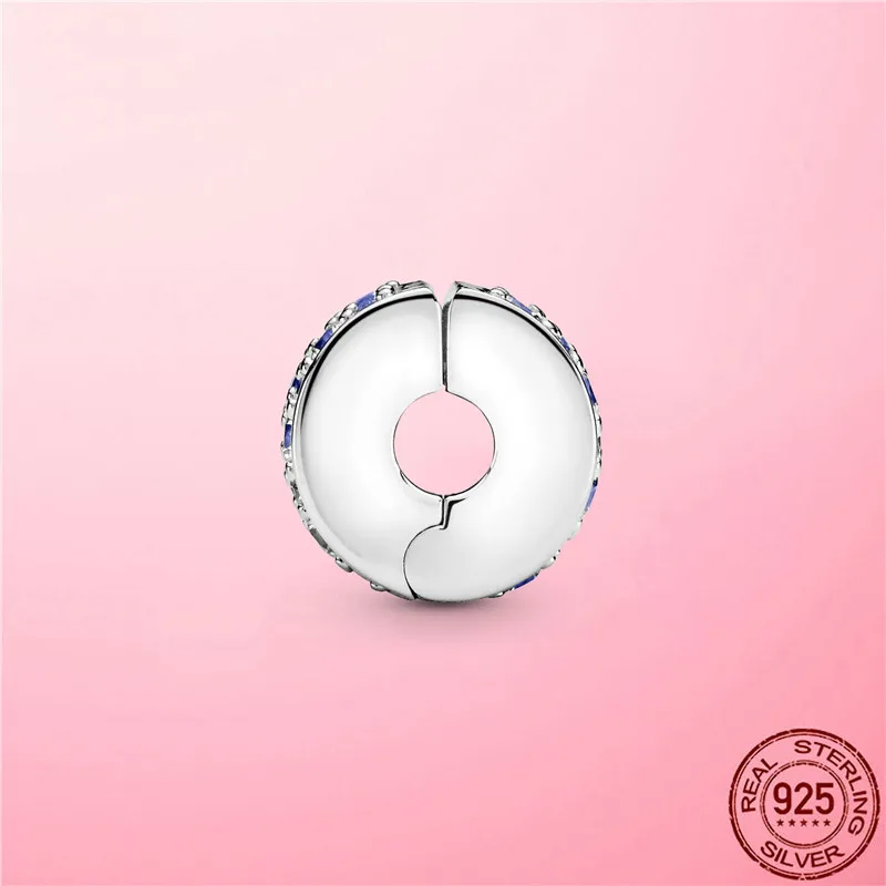 

High Quality 925 Sterling Silver Blue Pave Clip Charm Stopper Beads fit Bracelet Bangle Original 925 Silver Jewelry Making