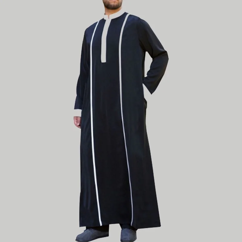 Muslim Men's Fashion Robe Color Contrast Splicing Loose Casual Indie Oversize Simplicity Double Collar Long Sleeve 2021 Summer