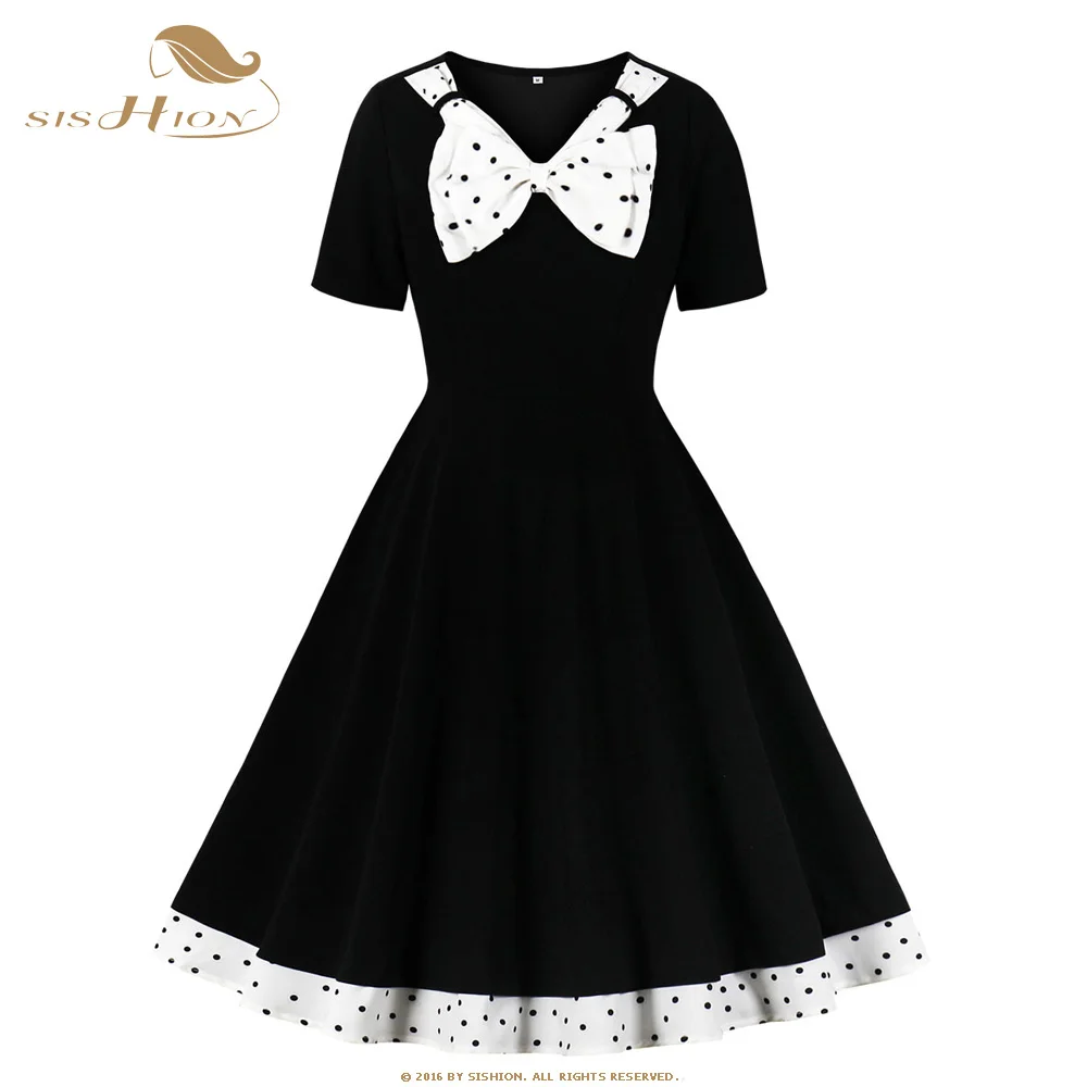 Женское винтажное платье в горошек SISHION черное стиле Хепберн 50-х годов с