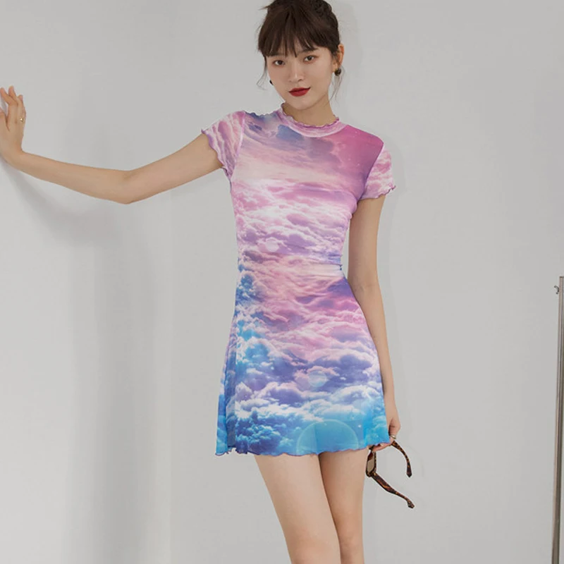 Женское кружевное платье летнее с принтом в виде неба и облаков коротким рукавом