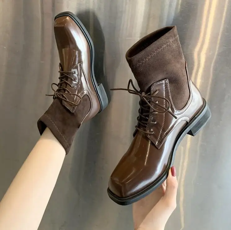 Женские ботинки с квадратным носком Зимние Теплые ботильоны на плоской подошве