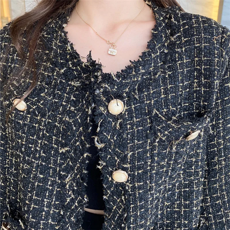 

2020 Autumn Women Tweed Jacket Short Coat Single Breasted V-Neck Fashion Chic Jackets Ladies Loose Casual Outerwear