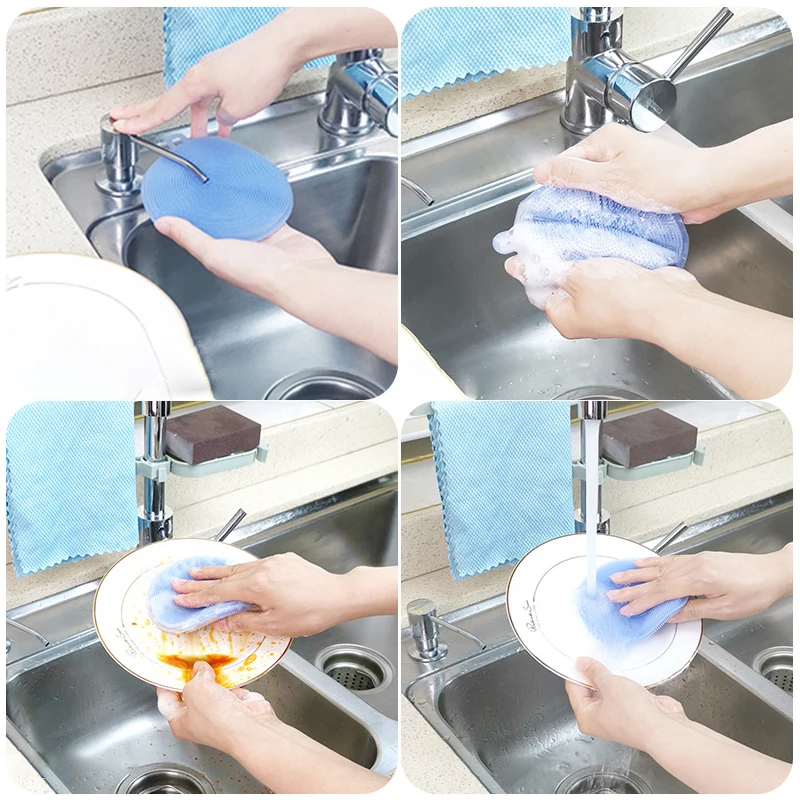 

1PC Kitchen Cleaning Brush Silicone Dishwashing Brush Fruit Vegetable Cleaning Brushes Pot Pan Sponge Scouring Pads