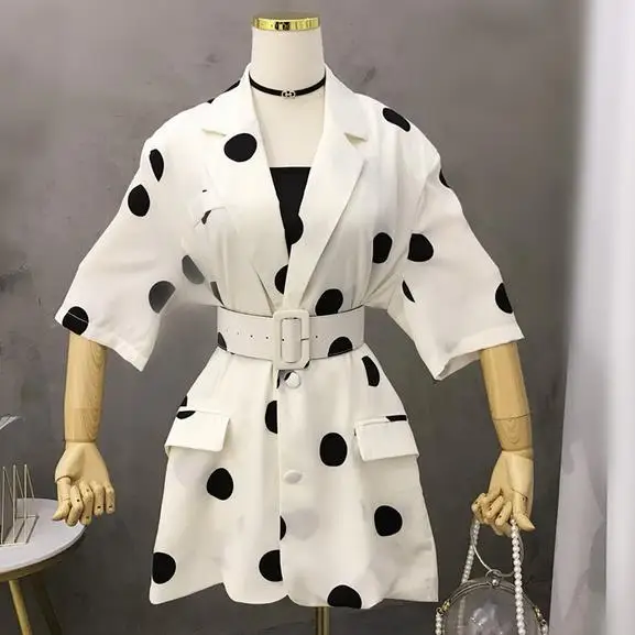 Polka Dot Single Breasted Blazer Women Short Sleeve Belt 2019 Summer Mujer Notched Office Lady Jacket AE838 | Женская одежда