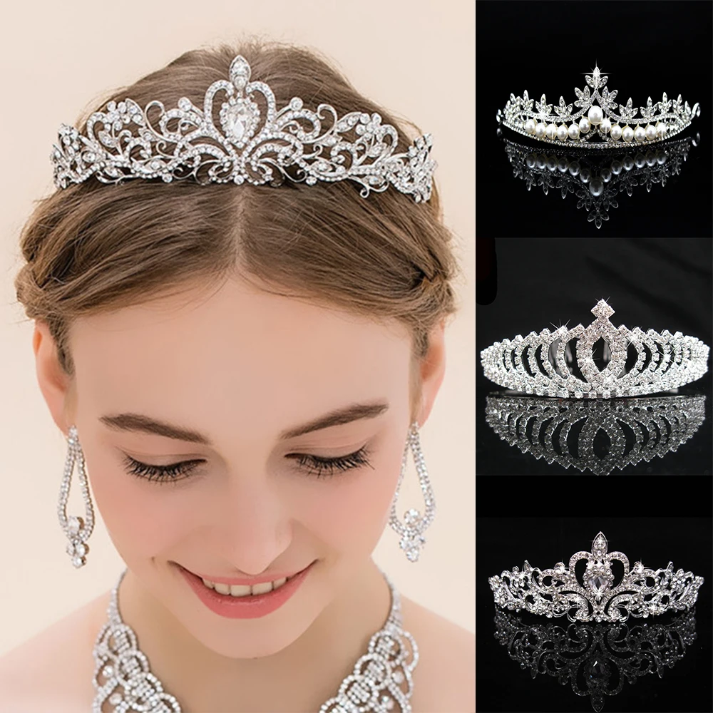 1 Pc Shiny Crystal Rhinestone Pearl Headband Wedding Bridal Silver Hairwear Party Girls Tiara Flower Hair bands Accessories | Украшения и
