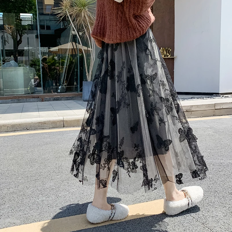 

Limiguyue Elastic High Waist Butterfly Embroidered Gauze Skirts Women Summer Vintage Elegant Retro Mesh Midi Pleated Skirt K617