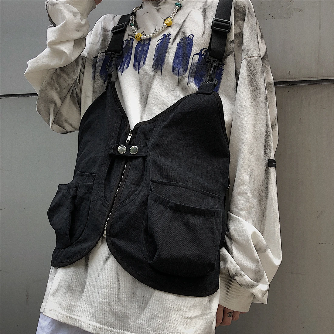 Новая нагрудная сумка мужская функциональная жилетка корейский Harajuku уличный стиль Большая вместительная сумка через плечо для женщин Черная Хлопковая сумка-мессенджер