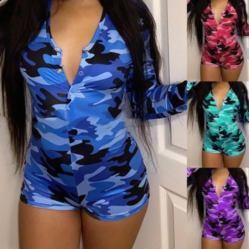 

2021 Sexy Women Deep V-neck Bodycon Jumpsuit Button Bodysuit Shorts Romper Print Leotard Long Sleeve Print Tracksuit