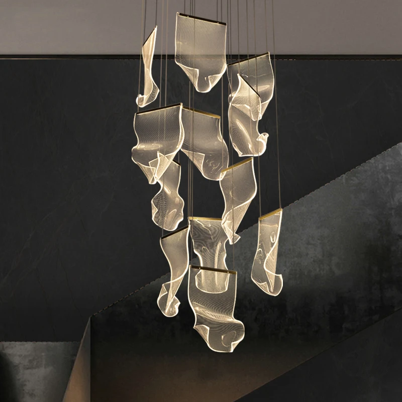 

Modern Stair Chandelier Acrylic Gold Irregular Adjustable LED Pendant Lamp Nordic Staircase Restaurant Art Ceiling Hanging Lamp