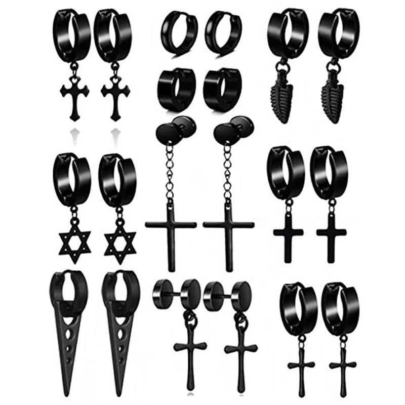 

316L из нержавеющей стали, черные Висячие серьги для мужчин, крутые панк серьги-кольца, набор для пирсинга, 10 пар