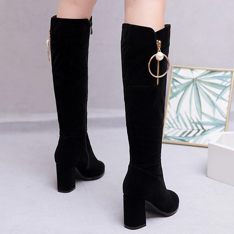 Rimocy Faux Suede High Heels Boots Women Fashion Pearl Decoration Black Knee Woman Warm Inside Plus Size Shoes Female | Обувь