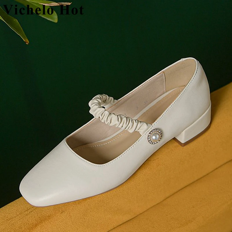 

Повседневные туфли Vichelo с жемчужинами и квадратным носком, из коровьей спилковой кожи, на толстом среднем каблуке, большие размеры 43, весенн...