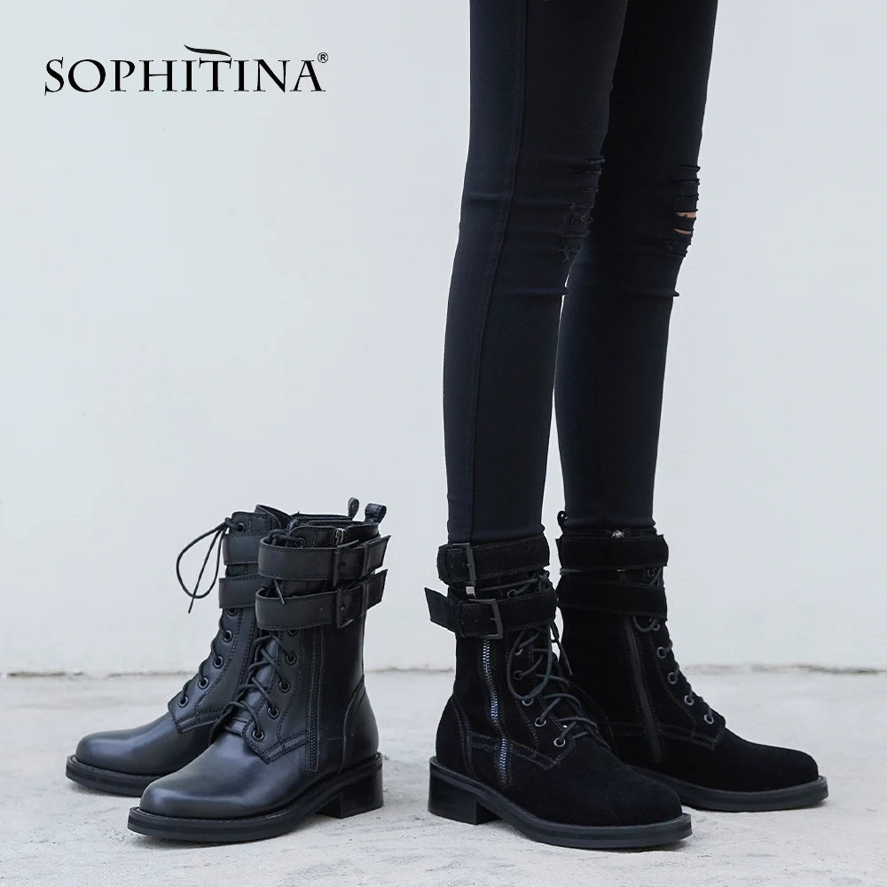 SOPHITINA/рабочие ботинки; удобная женская обувь на квадратном каблуке; модная красивая обувь из коровьей кожи высокого качества; ботильоны с круглым носком; MO302