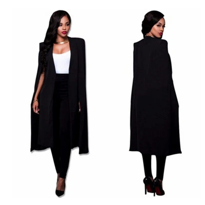 

S-2XL Long Blazer Women Jacket Cloak Suits Wind Coat Poncho Trench Shawl Wrap Manteau Cape Outerwear Windbreaker Slit