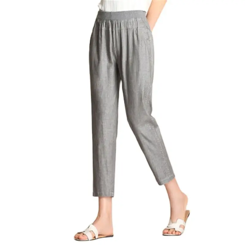 

Summer thin linen casual women pants elastic high waist middle-aged and elderly loose straight cotton and linen nine points 69