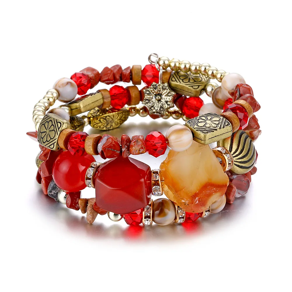 Женский многослойный браслет с бусинами и кристаллами в этническом стиле |
