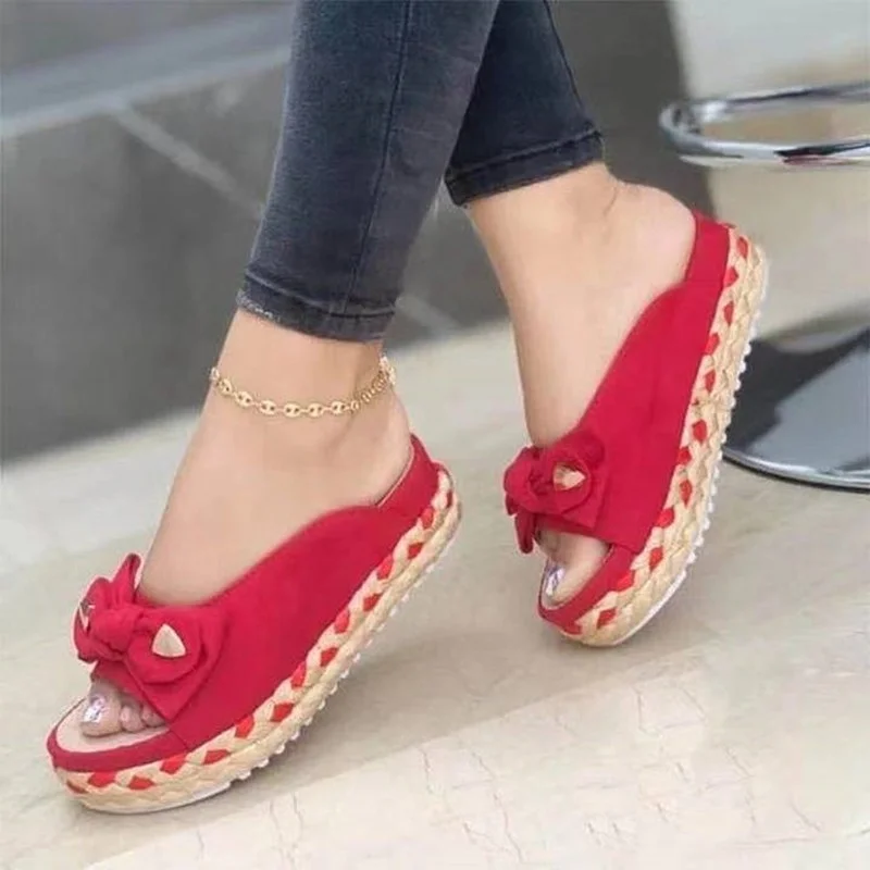 

Ladies Thick-soled Slippers Summer New Solid Color Bow Open-toe Sandals Casual Thick-soled Flat-bottom Women's Slippers 35-43