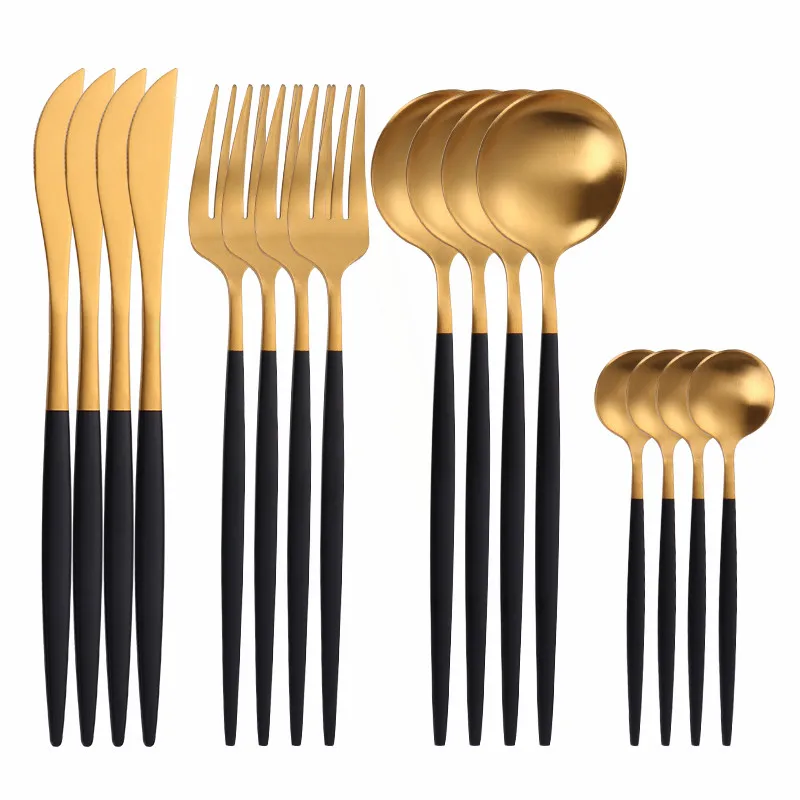 

Matte Tableware Spoon Fork Knife Cutlery Set Stainless Steel Dinnerware Set Black and Gold Dinner Set Home Eco Friendly Flatware