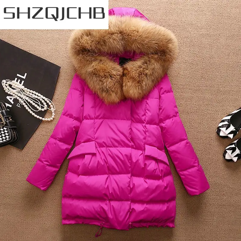 

Женский пуховик с капюшоном SHZQ, куртка на 90% белом утином пуху, теплая парка с капюшоном из натурального меха, Корейская верхняя одежда, LWL1227
