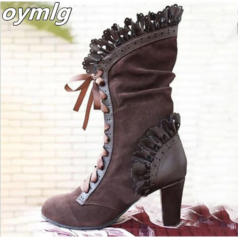 

Women's Mid Calf Boots Ladies Lace Up High Heels Female Sexy Shoes Woman Ruffle Flock Retro Boots Women Elegant Footwear