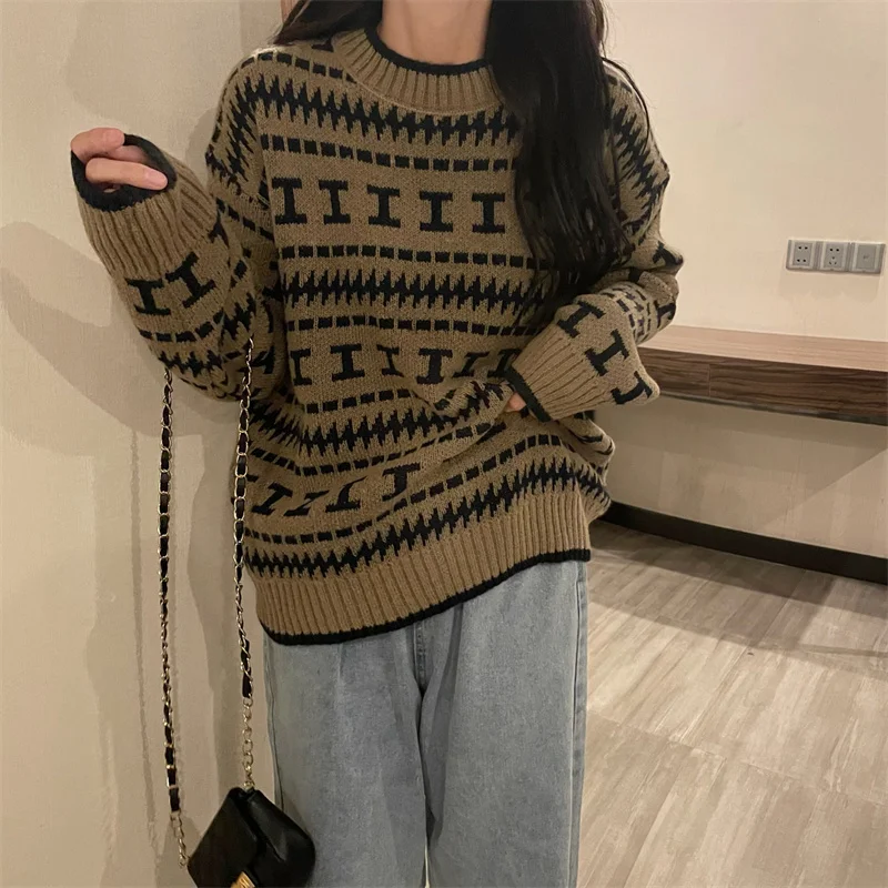

Женский свитер, свободная верхняя одежда на осень и зиму, новинка 2021, пуловер с круглым вырезом, Ромбический дизайн, Топ с длинным рукавом