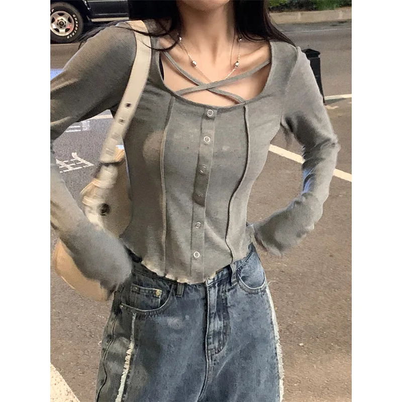 

Hot Girl Scheming Clavicle Solid Color Blouse Women's Thin Slim-fit Sweater Autumn New Products Women Green Tops Women Tshirts