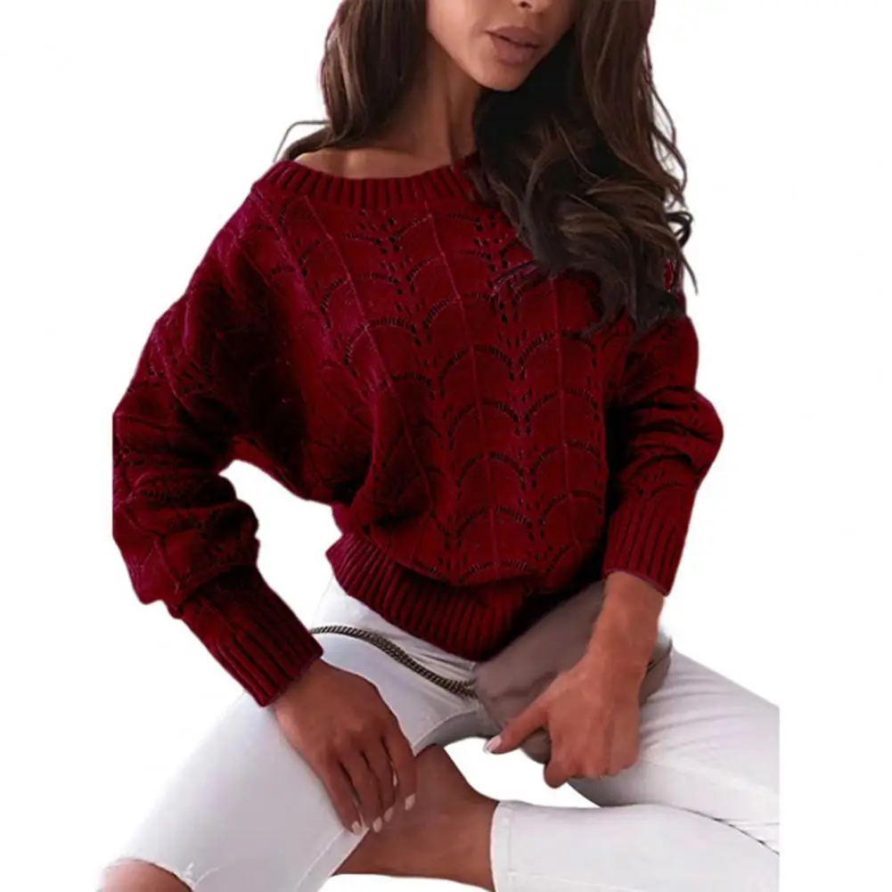 

Women Sweater Autumn Winter Hollow Out Batwing Sleeve Autumn Winter Solid Color See Through Off Shoulder Knitted Top Sweater