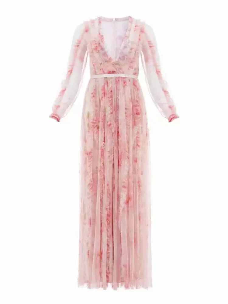 

Sexy deep V-neck, heavy craftsmanship, draped, high waist, loose, big hem, mesh dress, ladies' spring new style, retro printing