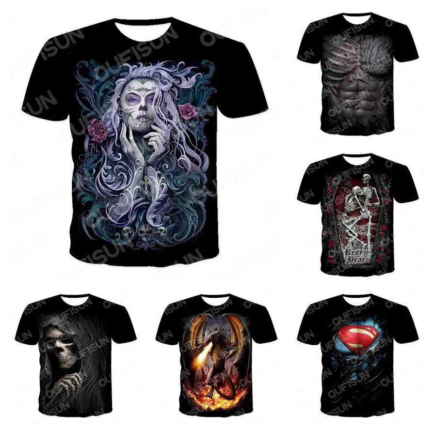 

New Tshirt Men Streetwear T Shirts Male Harajuku Tops Summer Helloween 3d Printed T-shirts CREW NECK Collar Skulls