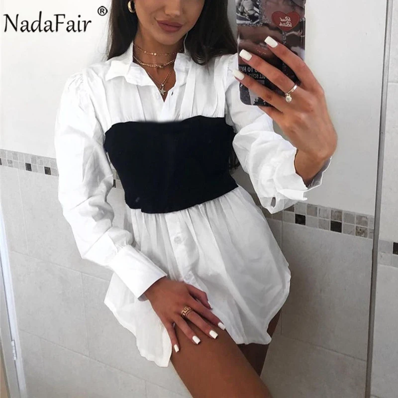 

Nadafair Corset Mini Shirt Dress Casual Patchwork Women 2021 Spring Clothing Long Sleeve Sexy Wrap Woman Dress Vestidos