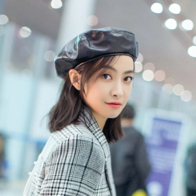Song Qian Airport street shot same style hat for girls Korean beret PU leather black octagonal fashion painter | Аксессуары для