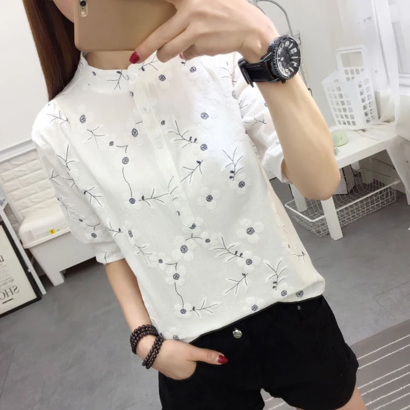 

Embroidery Women Spring Summer Style Cotton and Linecn Blouses Shirts Lady Casual Stand Collor Short Sleeve Blusas Tops DF2985
